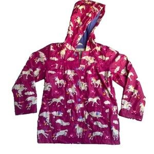 Hatley Girls Rain Jacket Pink Unicorns Purple Cloth Lined Hood Snap Close Size 7